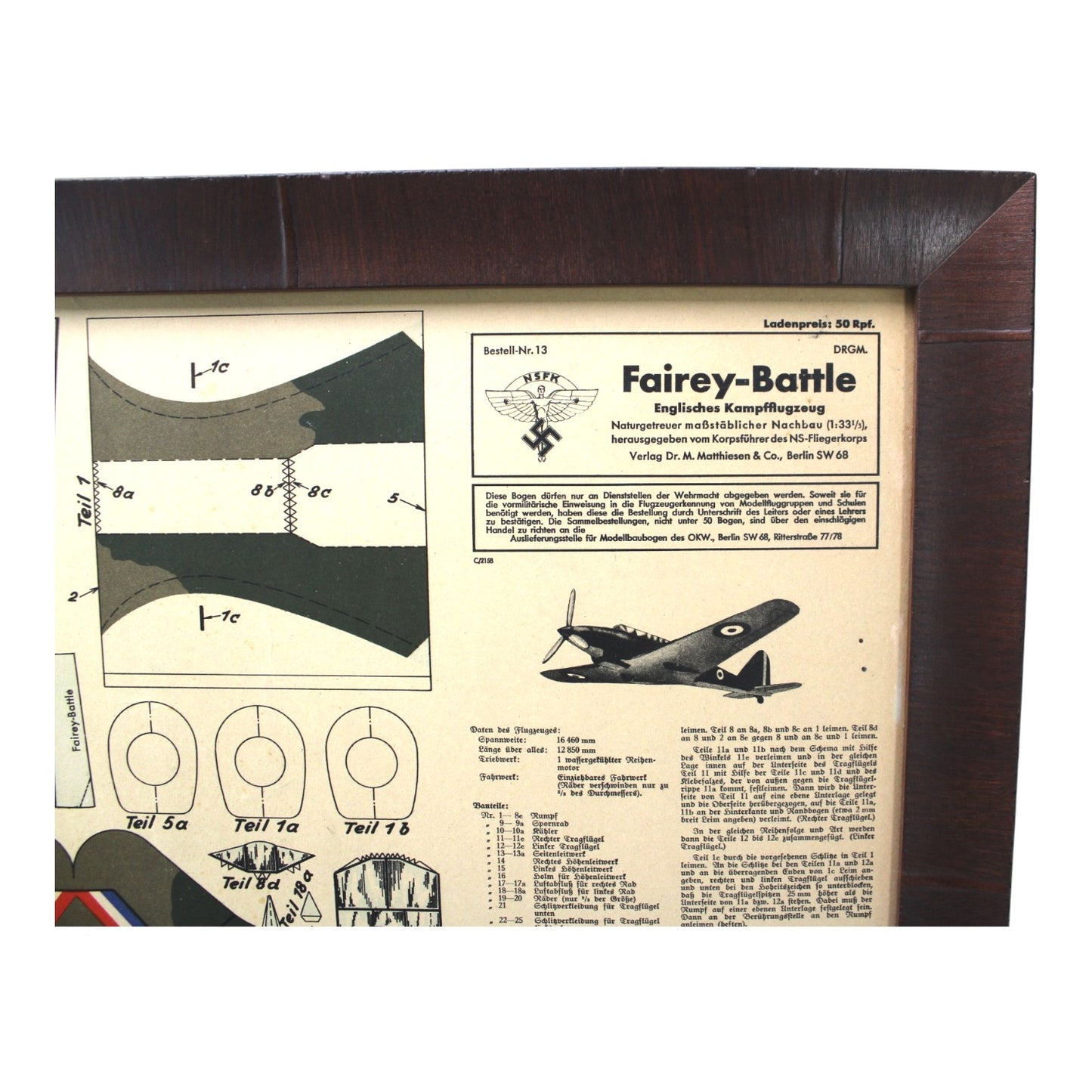WW II German Air Force NSFK early Luftwaffe Aircraft Paper Model Kit of a British Fairey-Battle - RARE! – professionally framed and matted.