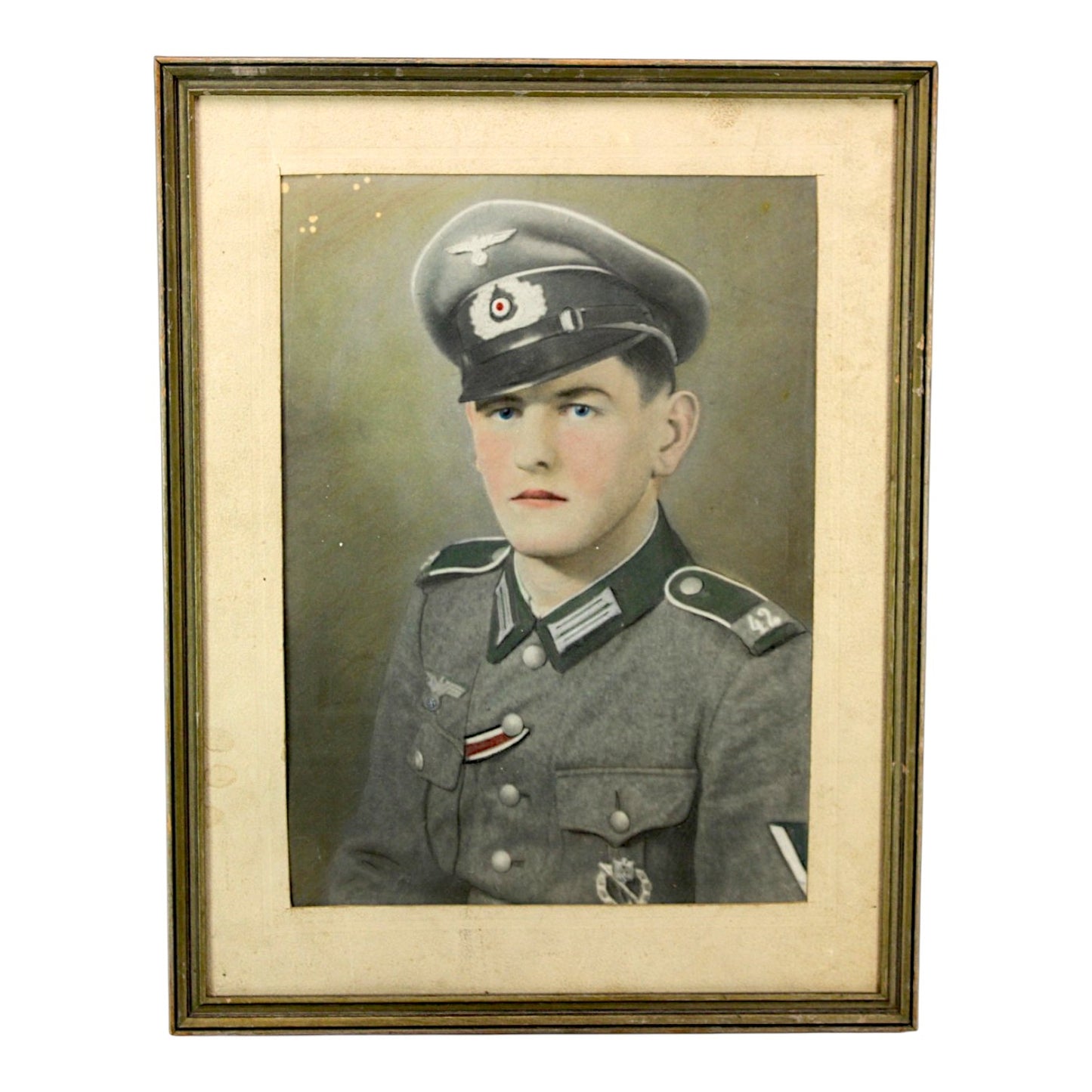German WW2 Heer Officer NCO Colorized period photo w/ Unit Designated Shoulder Boards "42", Infantry Assualt Badge, and Iron Cross Ribbon. Framed