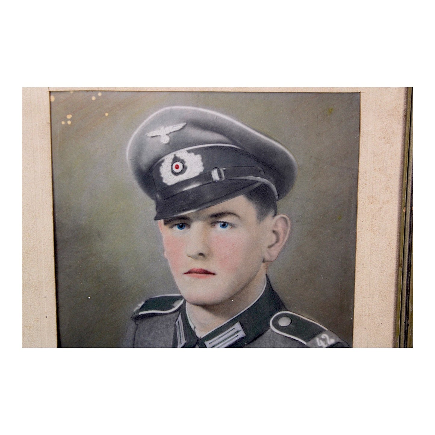 German WW2 Heer Officer NCO Colorized period photo w/ Unit Designated Shoulder Boards "42", Infantry Assualt Badge, and Iron Cross Ribbon. Framed