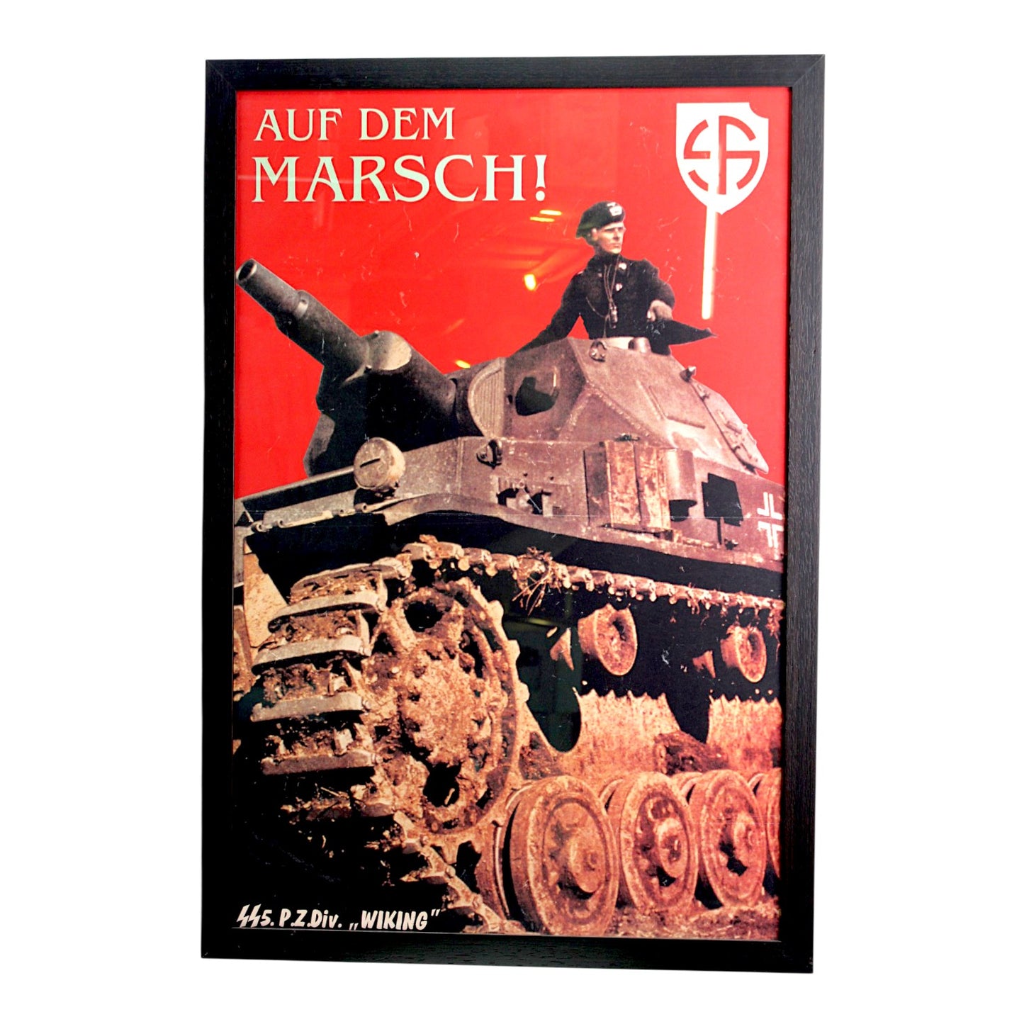 WW2 German AUF DEN MARSCH SS 5.P.Z.Div. "WIKING" Panzer Division Color Recruiting Poster professionally matted and framed.