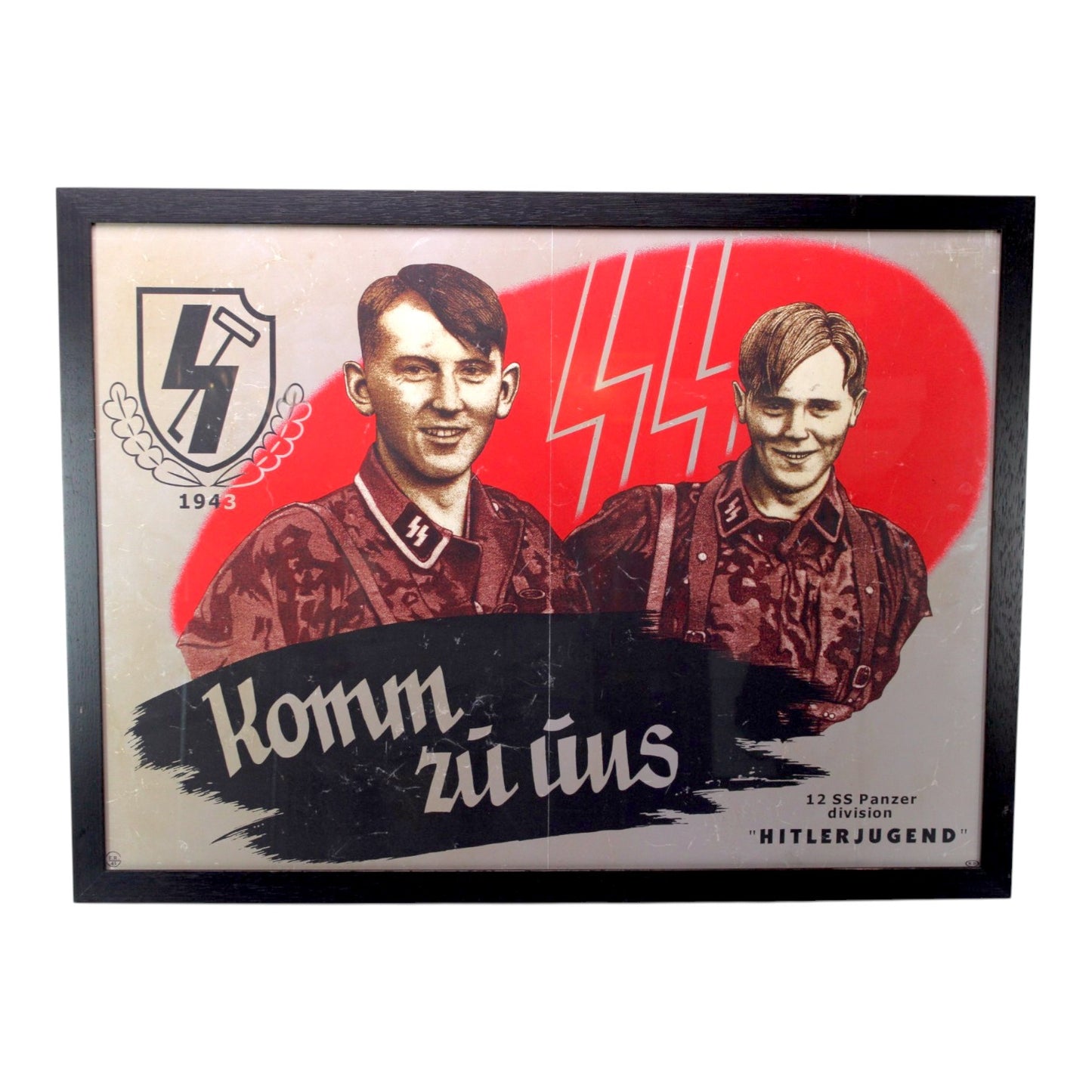 German WW2 Hitlerjugend Hitler Youth 12th SS Panzer Division Color Recruiting Poster, printed 1943 professionally matted and framed.