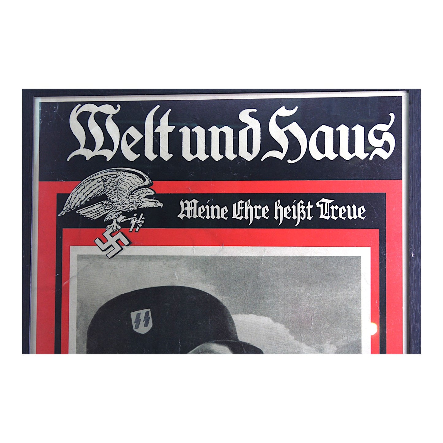 German WW2 Color Recruiting Poster – “Welt und haus - Meine Ehre heist Treue” with correct bottom marking P.U. / Juli 1942 professionally matted and framed.