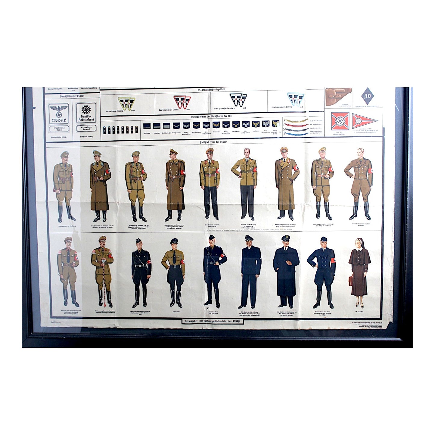 Original WWII NSDAP "Symbols, Uniforms & Insignia" Wall Chart | Plate 1 | 36-Inch Poster