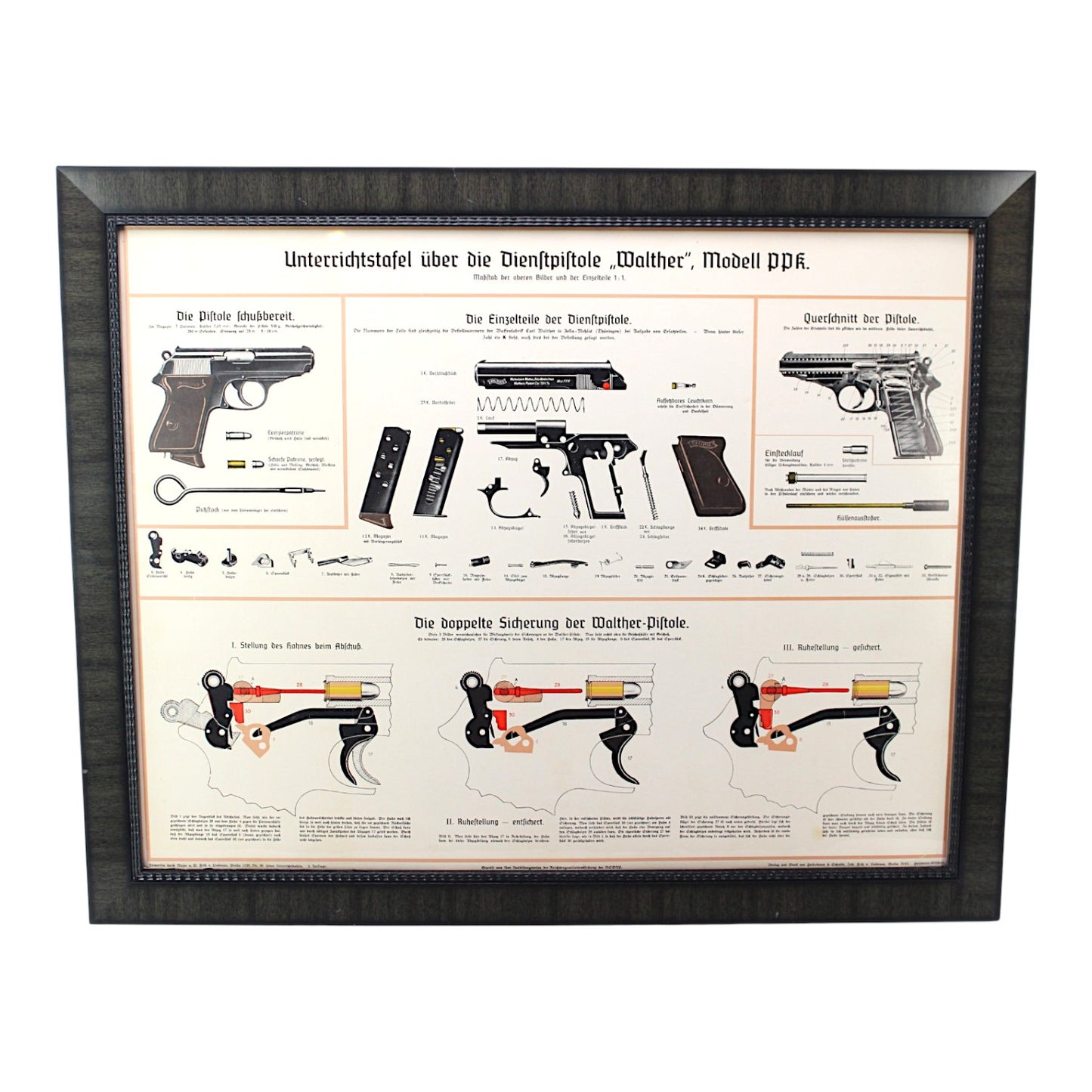 German WW2 Walther PPK Pistol Military Police Instructional Wall chard Poster Titled "Unterrichtstafel über die Dienstpistole ‚Walther‘, Modell PPK", Dated 1935 Berlin in German. professionally matted and framed.