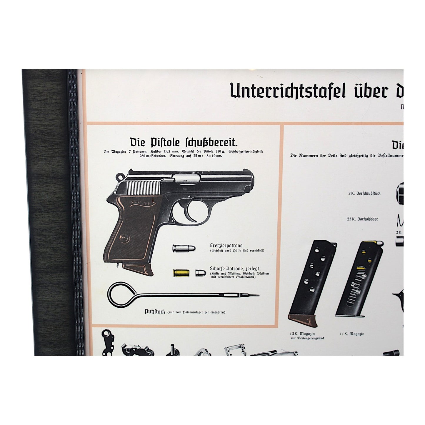 German WW2 Walther PPK Pistol Military Police Instructional Wall chard Poster Titled "Unterrichtstafel über die Dienstpistole ‚Walther‘, Modell PPK", Dated 1935 Berlin in German. professionally matted and framed.