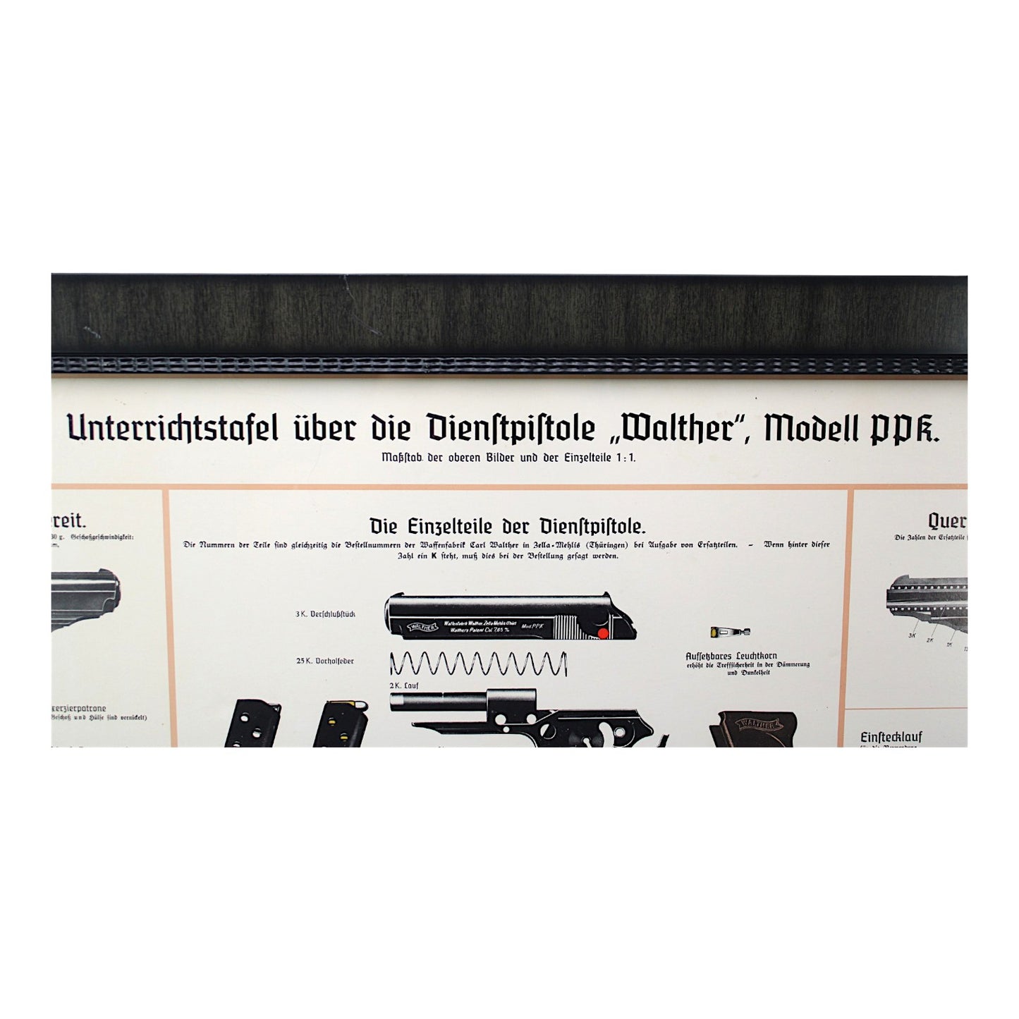 German WW2 Walther PPK Pistol Military Police Instructional Wall chard Poster Titled "Unterrichtstafel über die Dienstpistole ‚Walther‘, Modell PPK", Dated 1935 Berlin in German. professionally matted and framed.