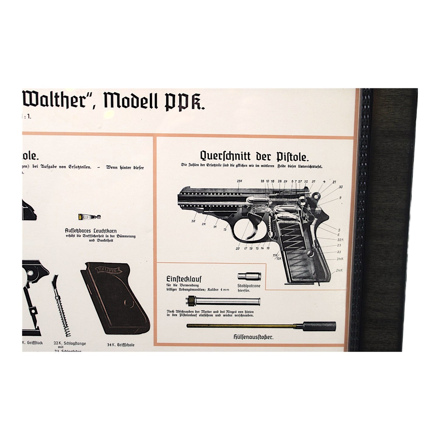 German WW2 Walther PPK Pistol Military Police Instructional Wall chard Poster Titled "Unterrichtstafel über die Dienstpistole ‚Walther‘, Modell PPK", Dated 1935 Berlin in German. professionally matted and framed.