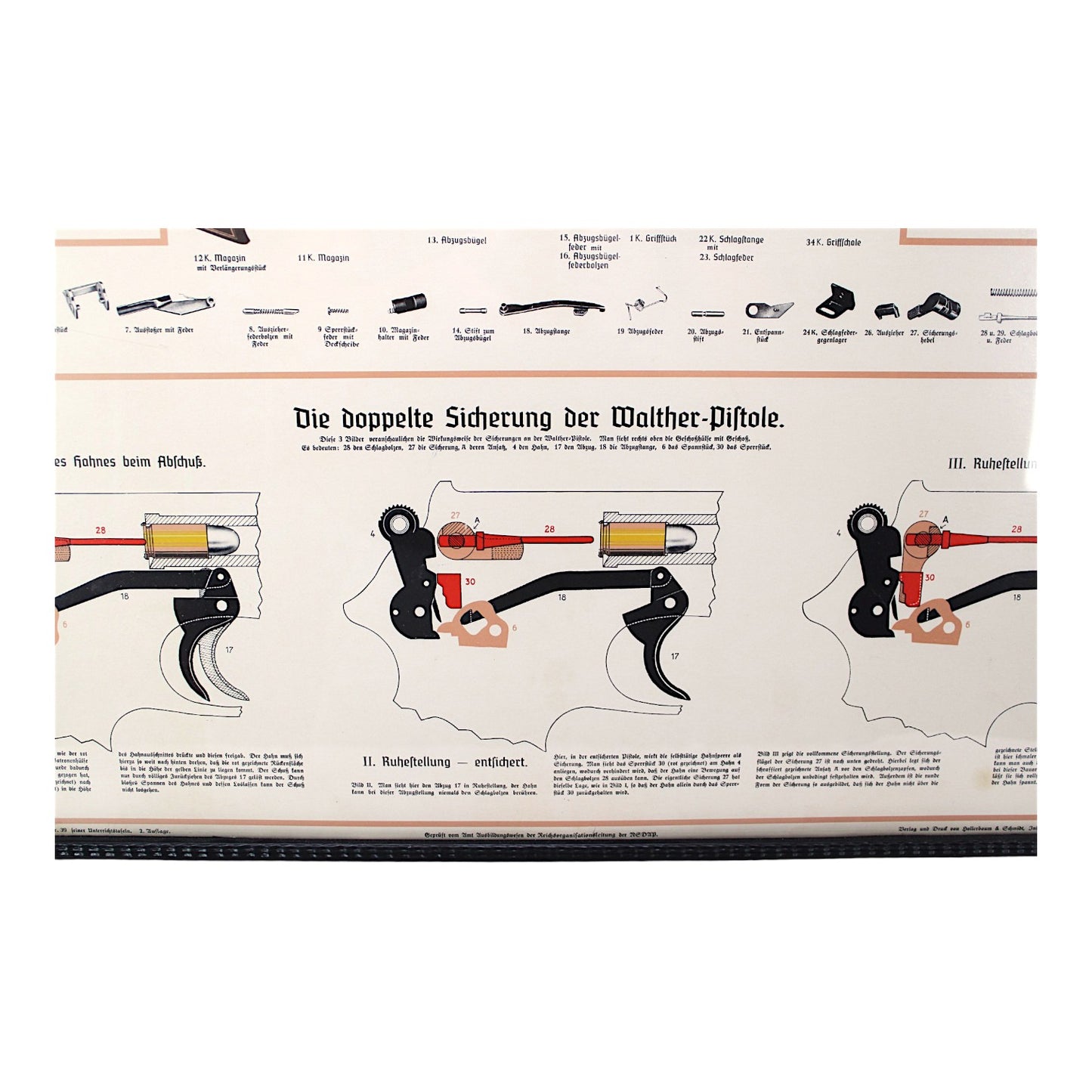 German WW2 Walther PPK Pistol Military Police Instructional Wall chard Poster Titled "Unterrichtstafel über die Dienstpistole ‚Walther‘, Modell PPK", Dated 1935 Berlin in German. professionally matted and framed.