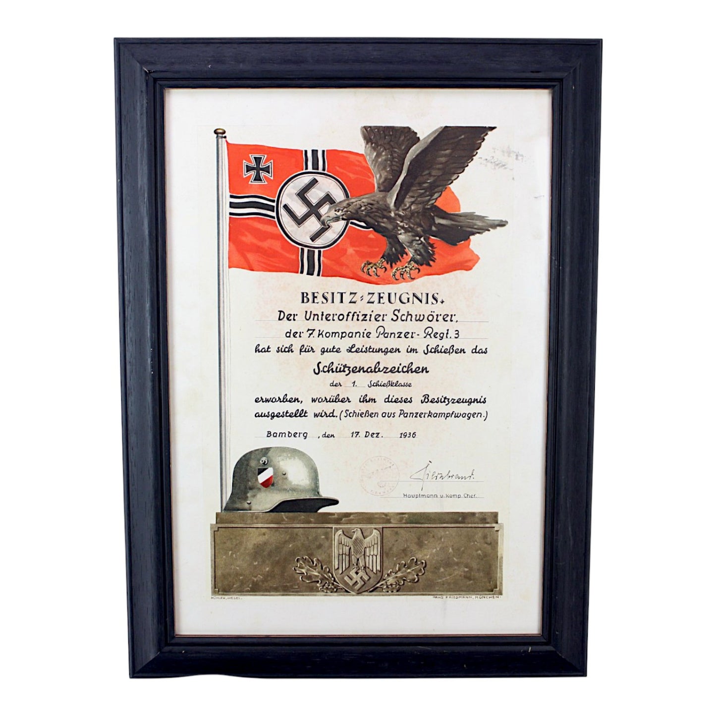 German WW2 Tank Panzer Regiment Shooting 1st Class Award Document professionally matted and framed.