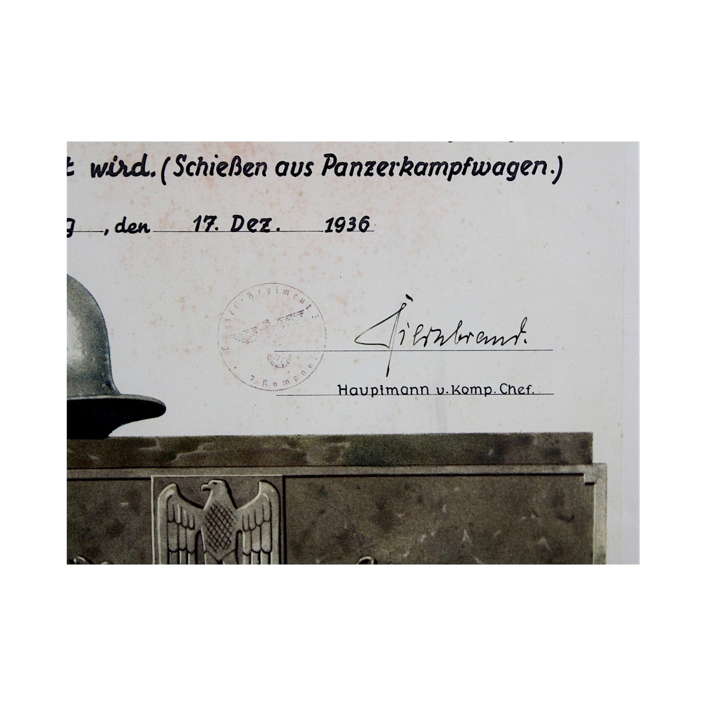 German WW2 Tank Panzer Regiment Shooting 1st Class Award Document professionally matted and framed.