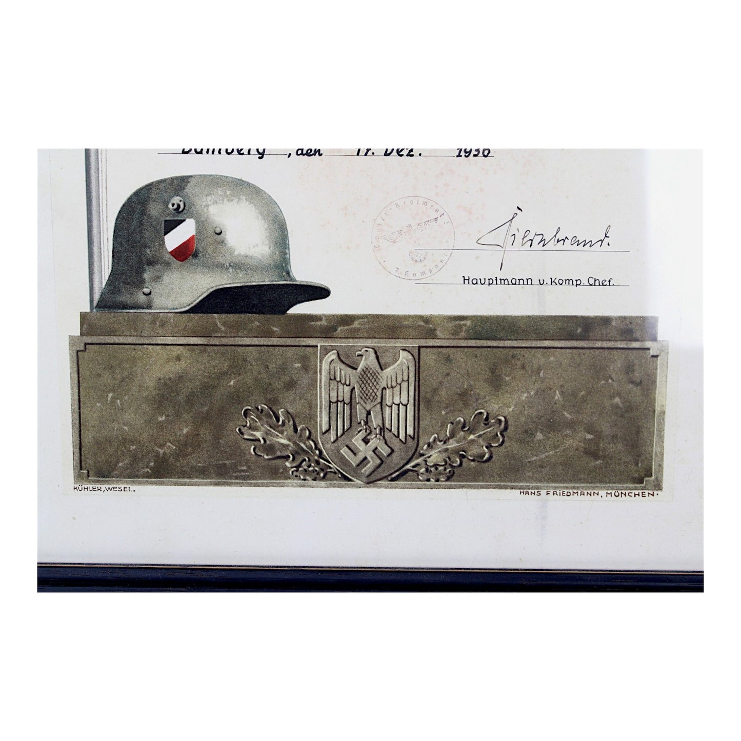 German WW2 Tank Panzer Regiment Shooting 1st Class Award Document professionally matted and framed.