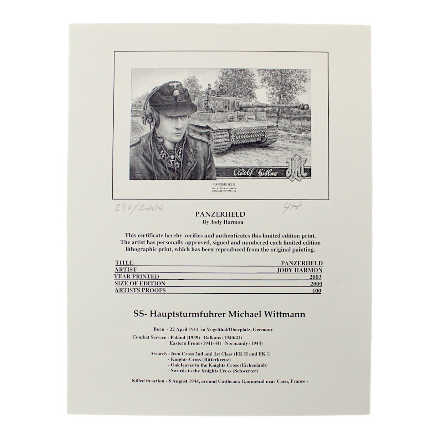 PANZERHELD By Jody Harmon. Limited edition lithographic print signed and numbered 290/2000, printed 2003 – professionally metal framed and matted.