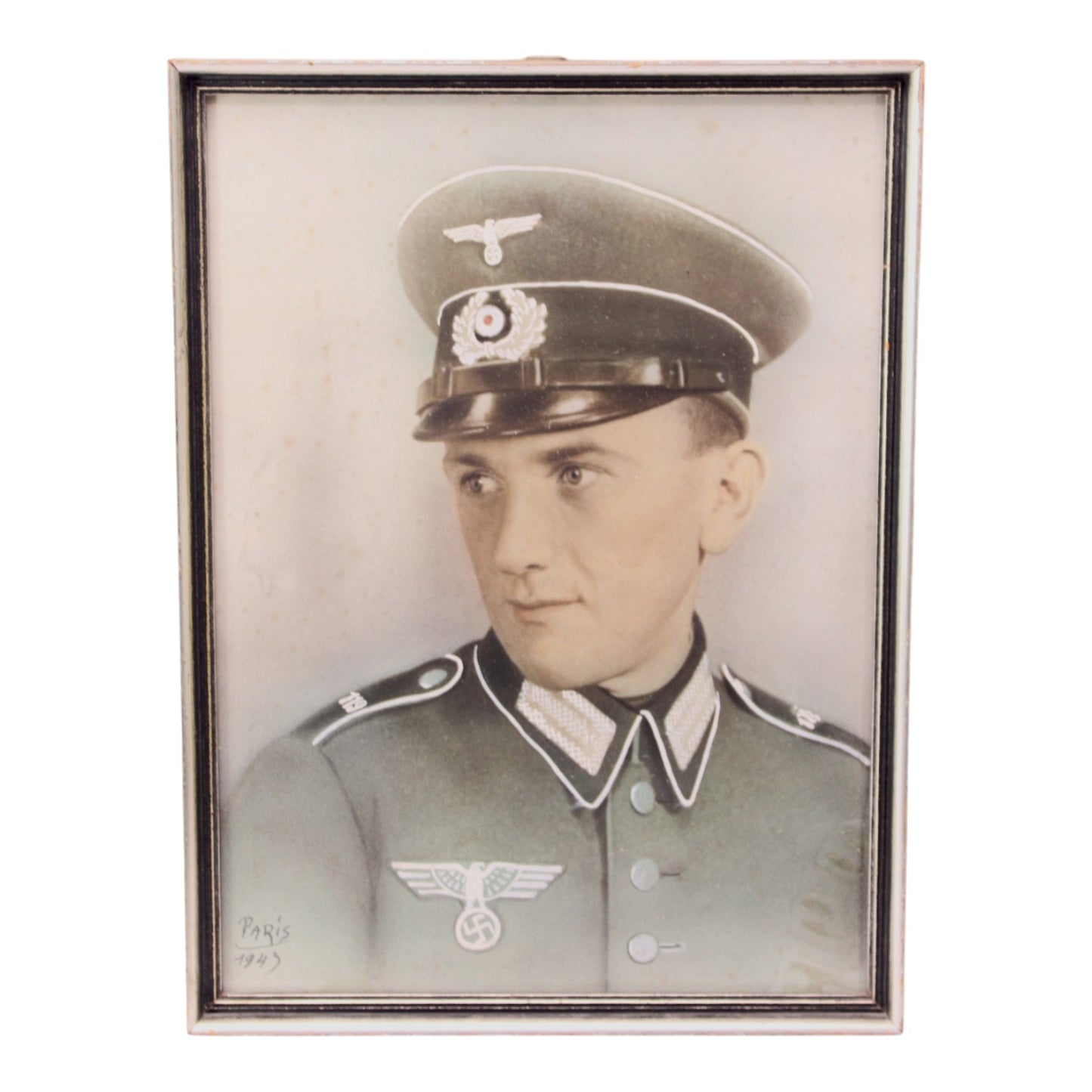 German WW2 Heer Unit 119 Infantry Officer Photo marked Paris 1943 Colorized and Framed
