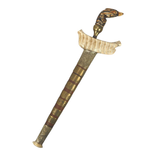 Indonesian Sumatra Keris with Fossil Mammoth Tooth Mounts & Early Gold-Decorated Blade