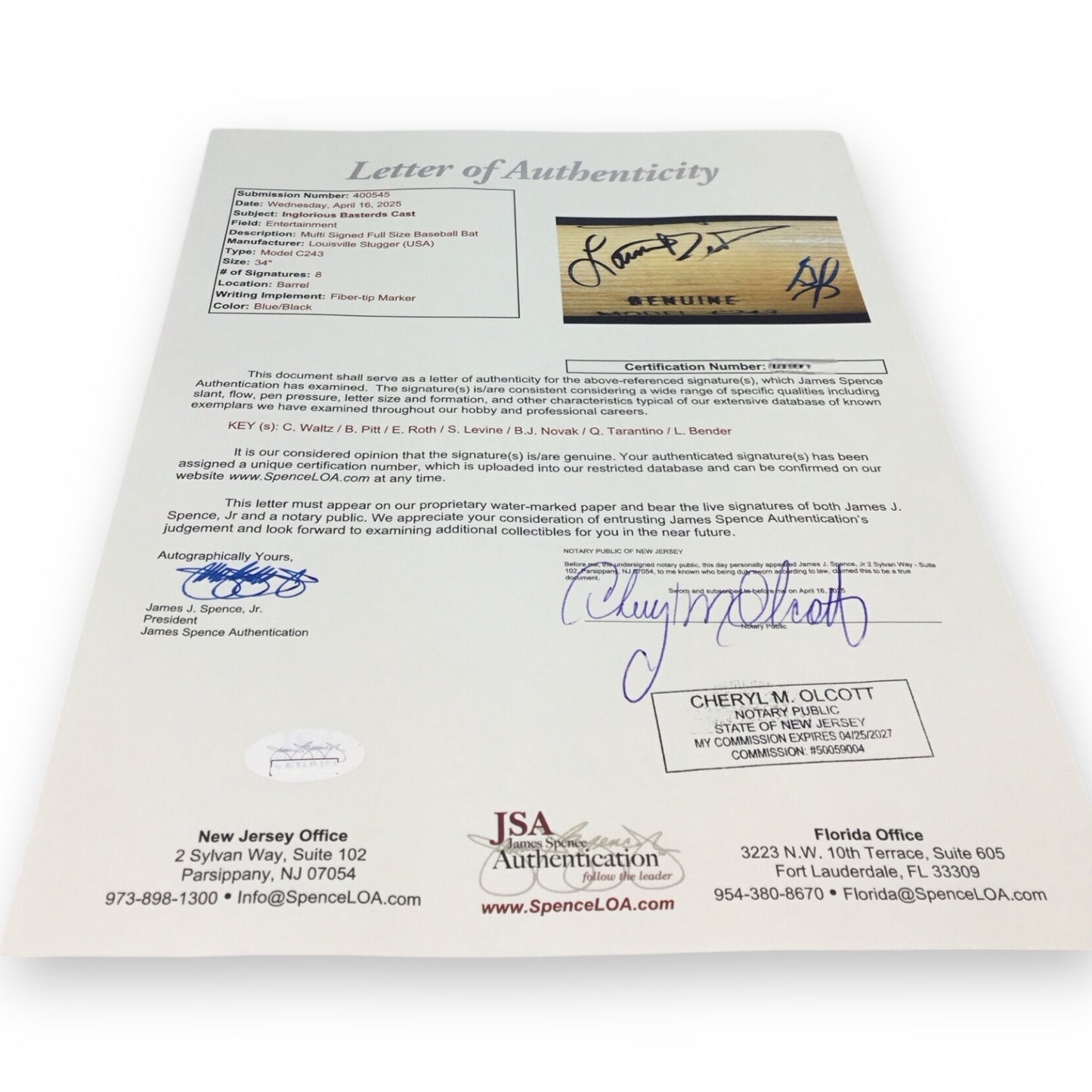 Inglourious Basterds Signed Bat - Pitt, Waltz, Tarantino, & Cast (JSA Certified)