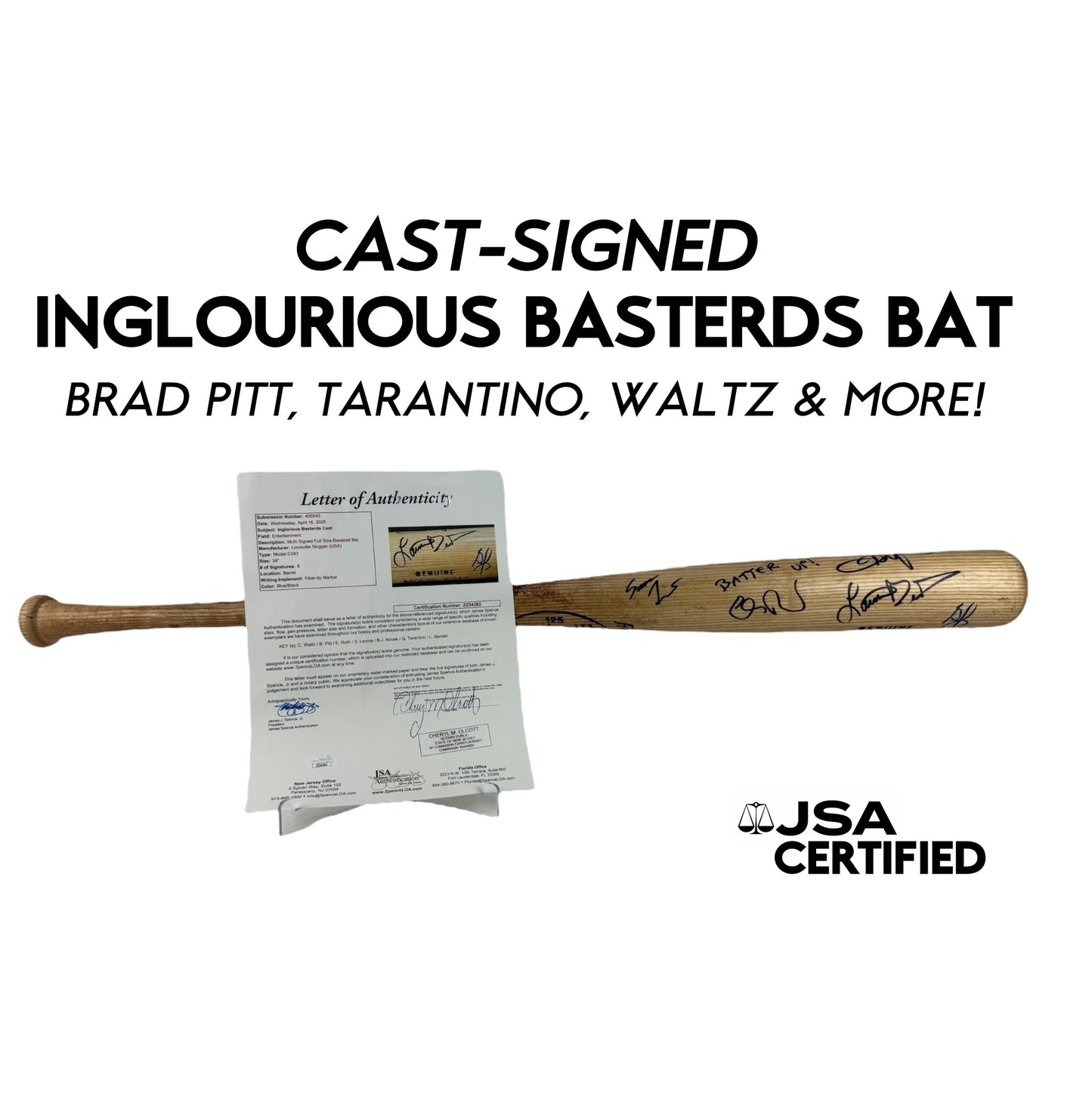 Inglourious Basterds Signed Bat - Pitt, Waltz, Tarantino, & Cast (JSA Certified)