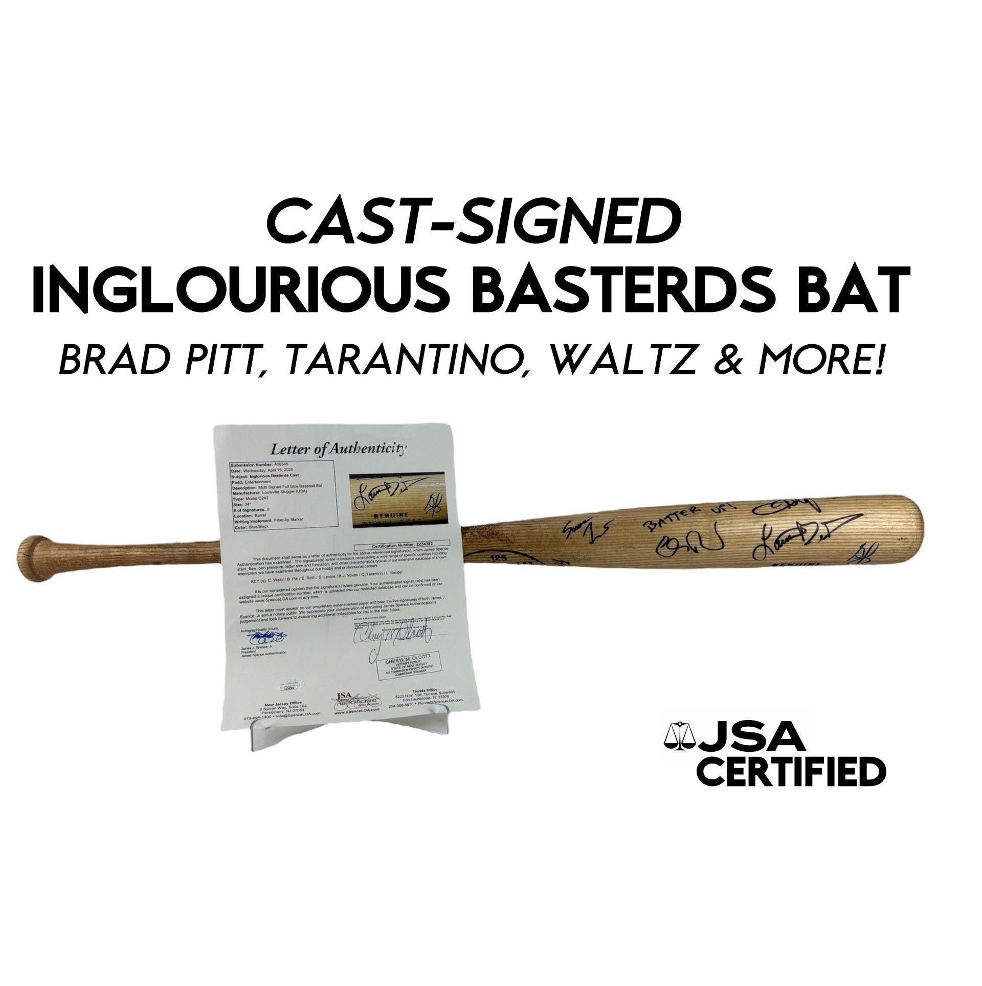 Inglourious Basterds Signed Bat - Pitt, Waltz, Tarantino, & Cast (JSA Certified)