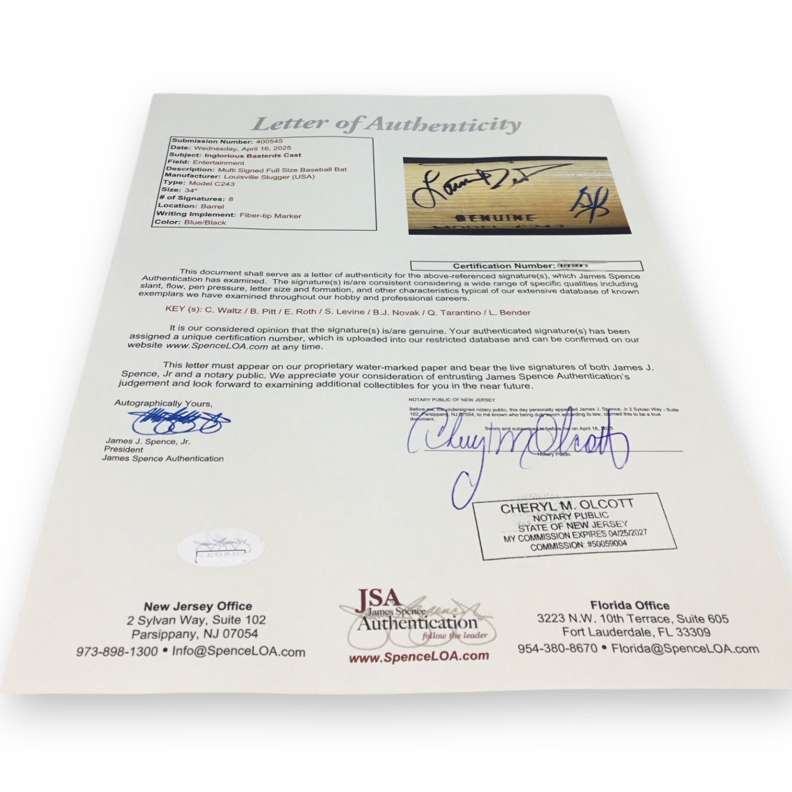 Inglourious Basterds Signed Bat – Signed by Brad Pitt & Director Quentin Tarantino & Cast , JSA Certified