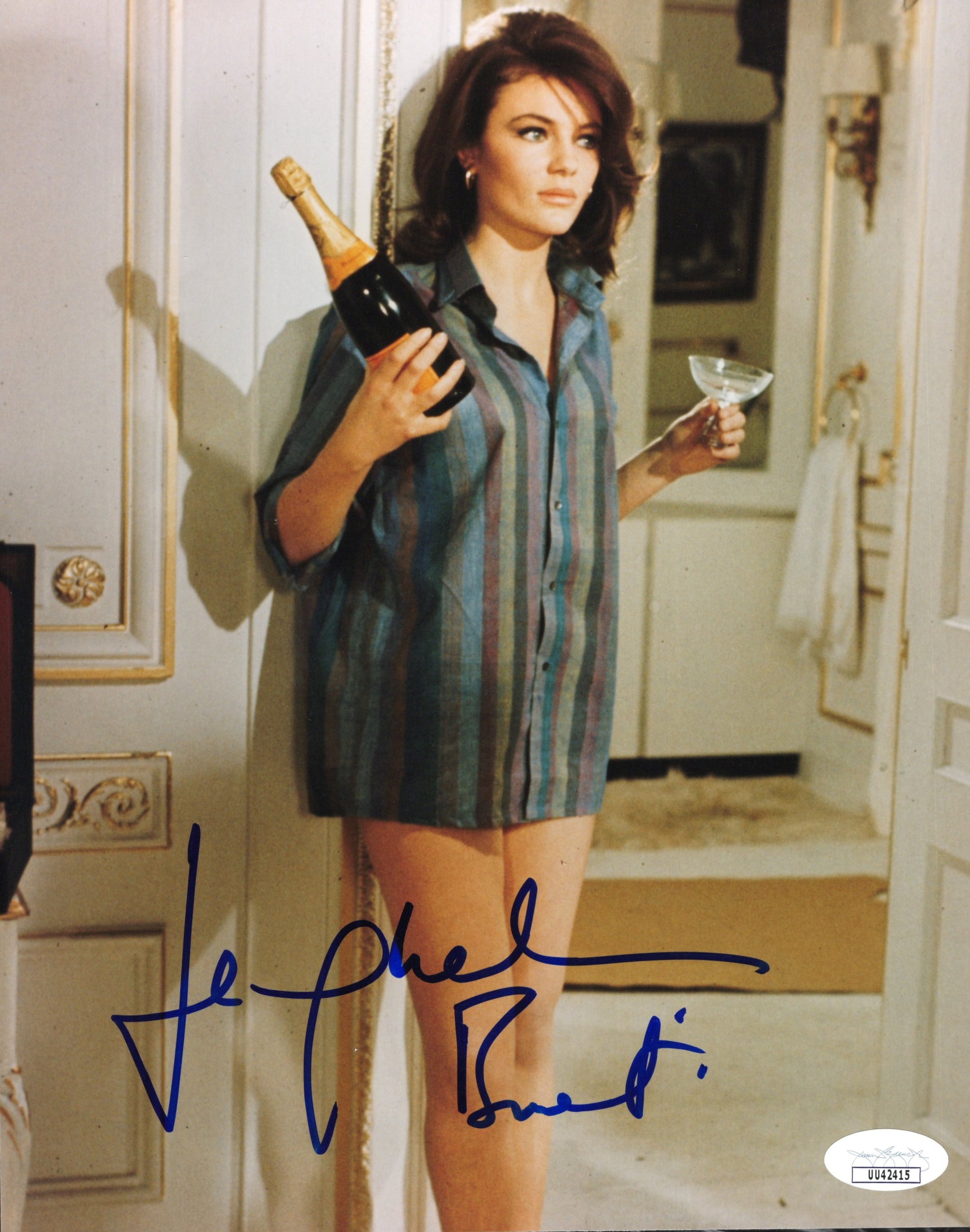 Jacqueline Bisset Signed Photo 8x10, Jacqueline Bisset Autograph from Bullitt wearing Mans Shirt with Champagne, JSA and PSA Letter Double Certified Authentic UU42415
