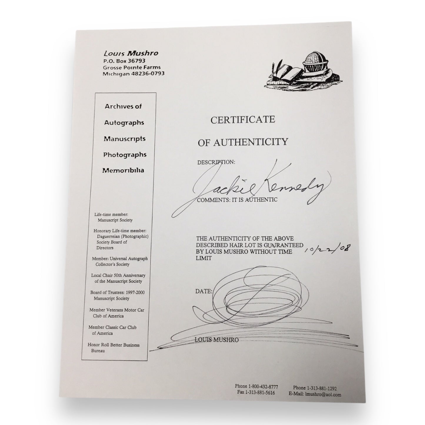 Jacqueline "Jackie" Kennedy Hair Clipping with Certificate of Authenticity