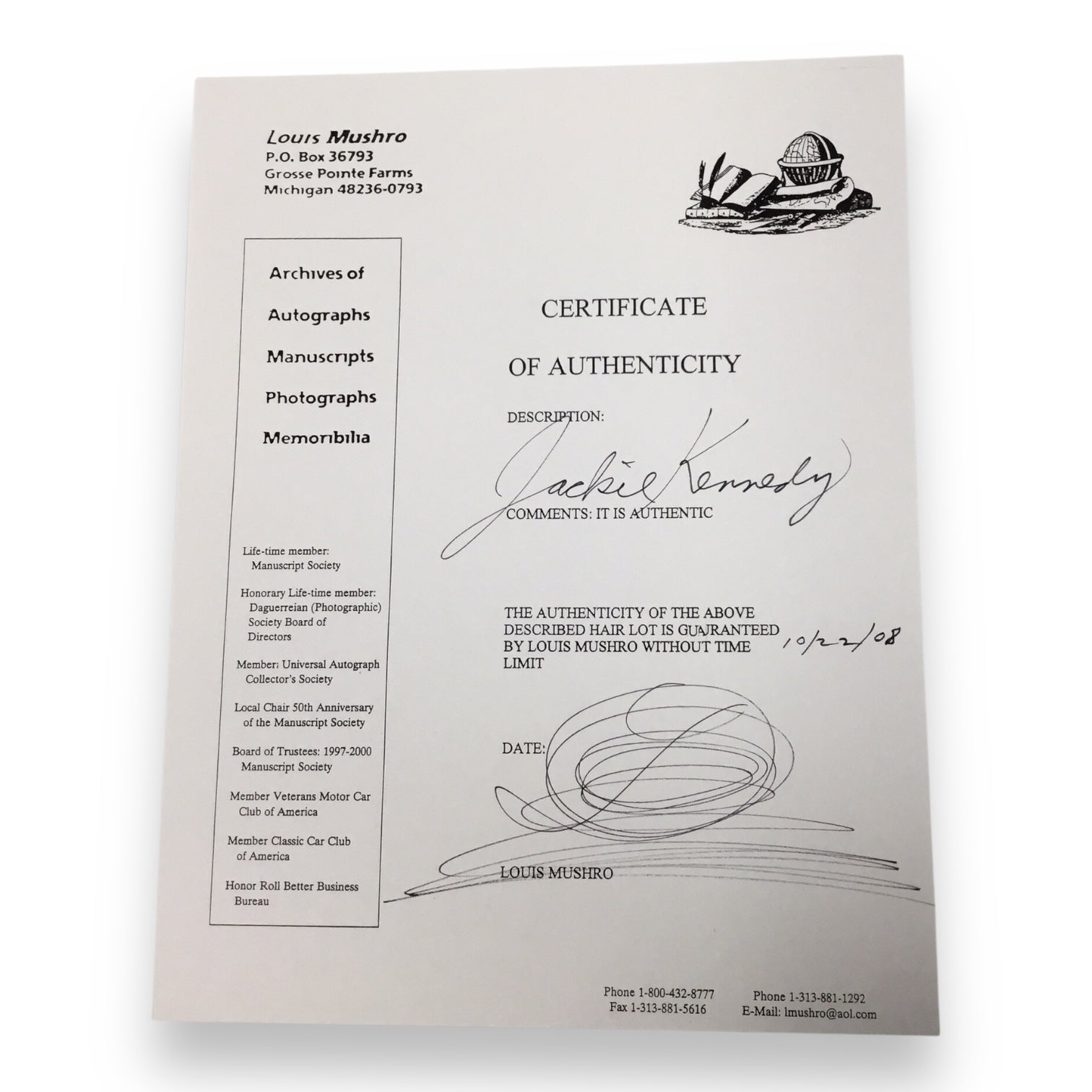 Jacqueline "Jackie" Kennedy Hair Clipping with Certificate of Authenticity