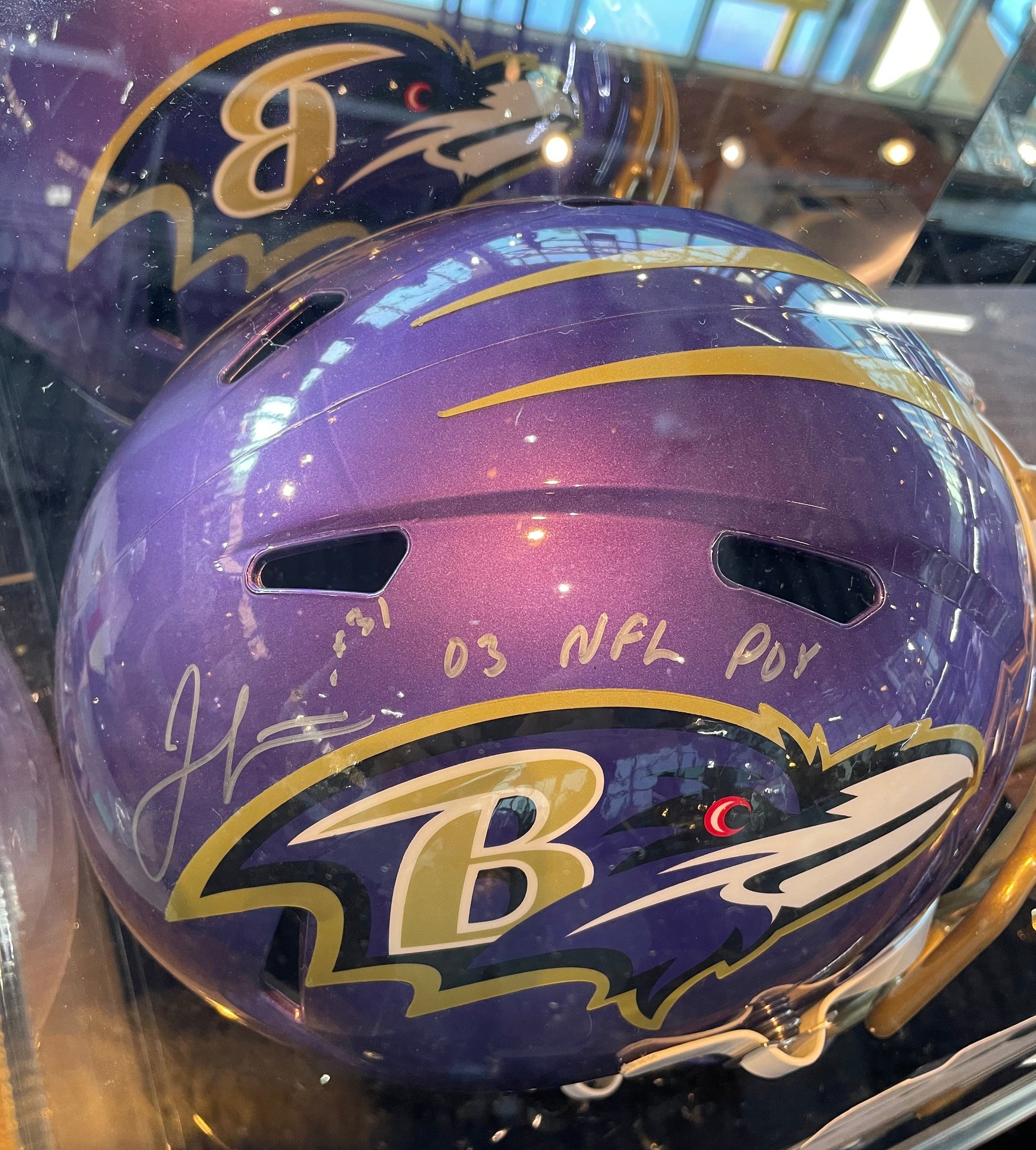 Jamal Lewis Autographed Speed Helmet w/special game day purple and gold 03' NFL POY