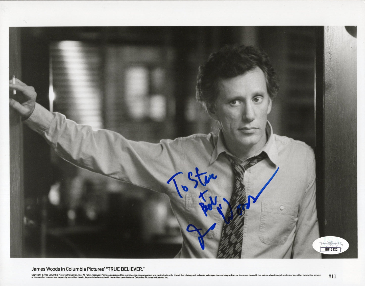 James Woods in True Believer Signed Photo 8x10 Personalized "To Steven + Bob" JSA and PSA Letter Double Certified Authentic UU42232