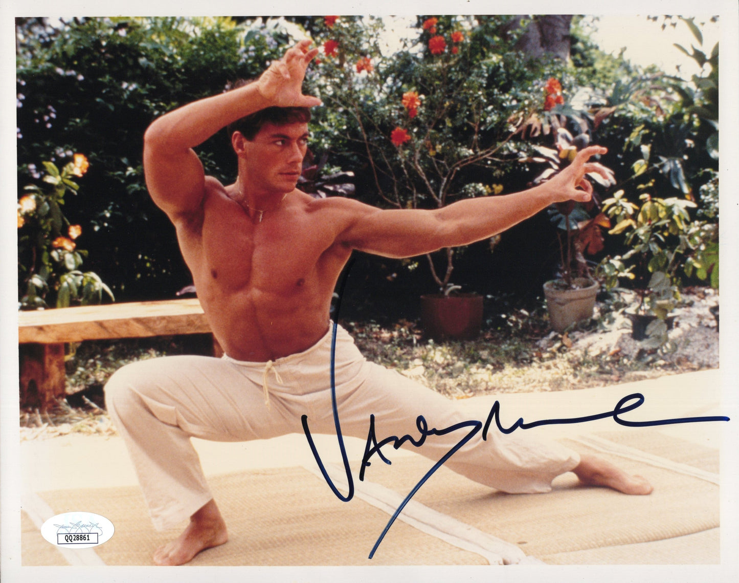 Jean-Claude Van Damme in Bloodsport Signed Photo 8x10 Shirtless Karate Pose, JSA Certified Authentic QQ28861