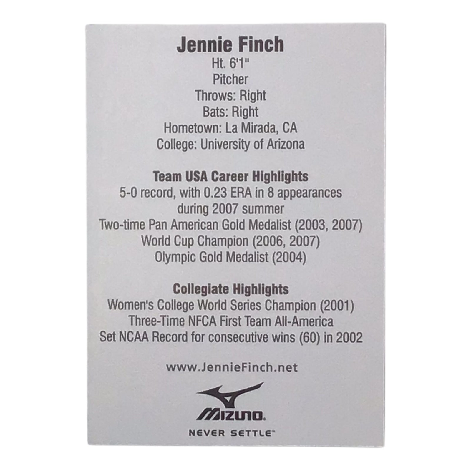 Jennie Finch Signed Softball Card - Autographed Sports Memorabilia