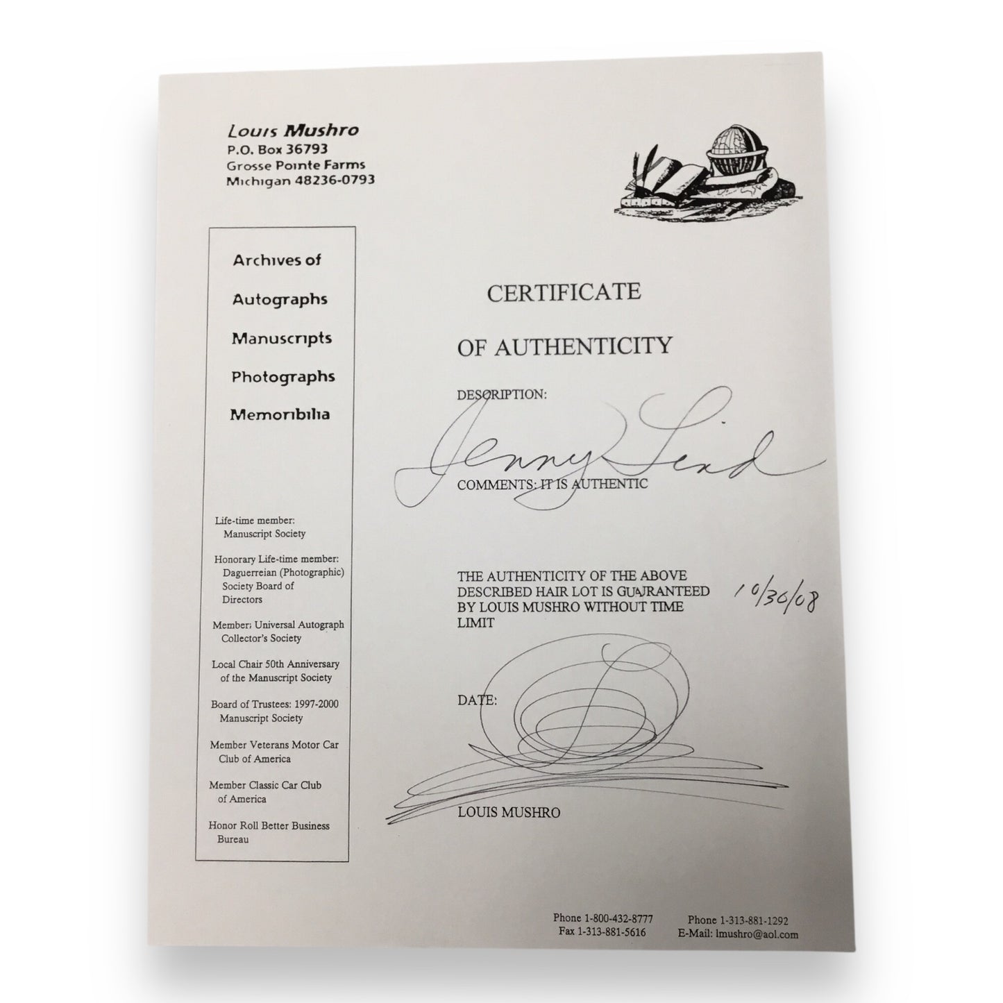 Jenny "Swedish Nightengale" Lind Hair Clipping with Certificate of Authenticity