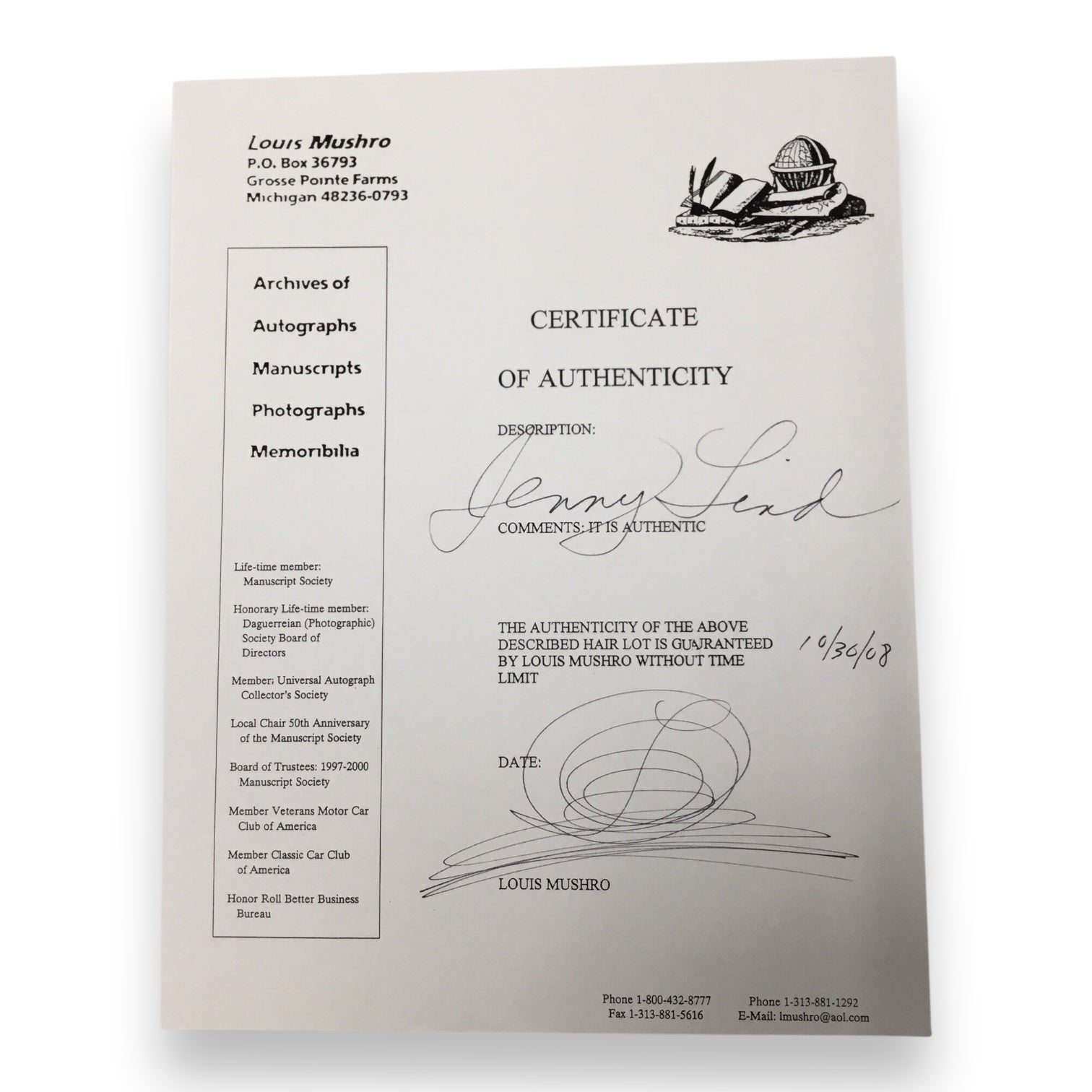 Jenny "Swedish Nightengale" Lind Hair Clipping with Certificate of Authenticity