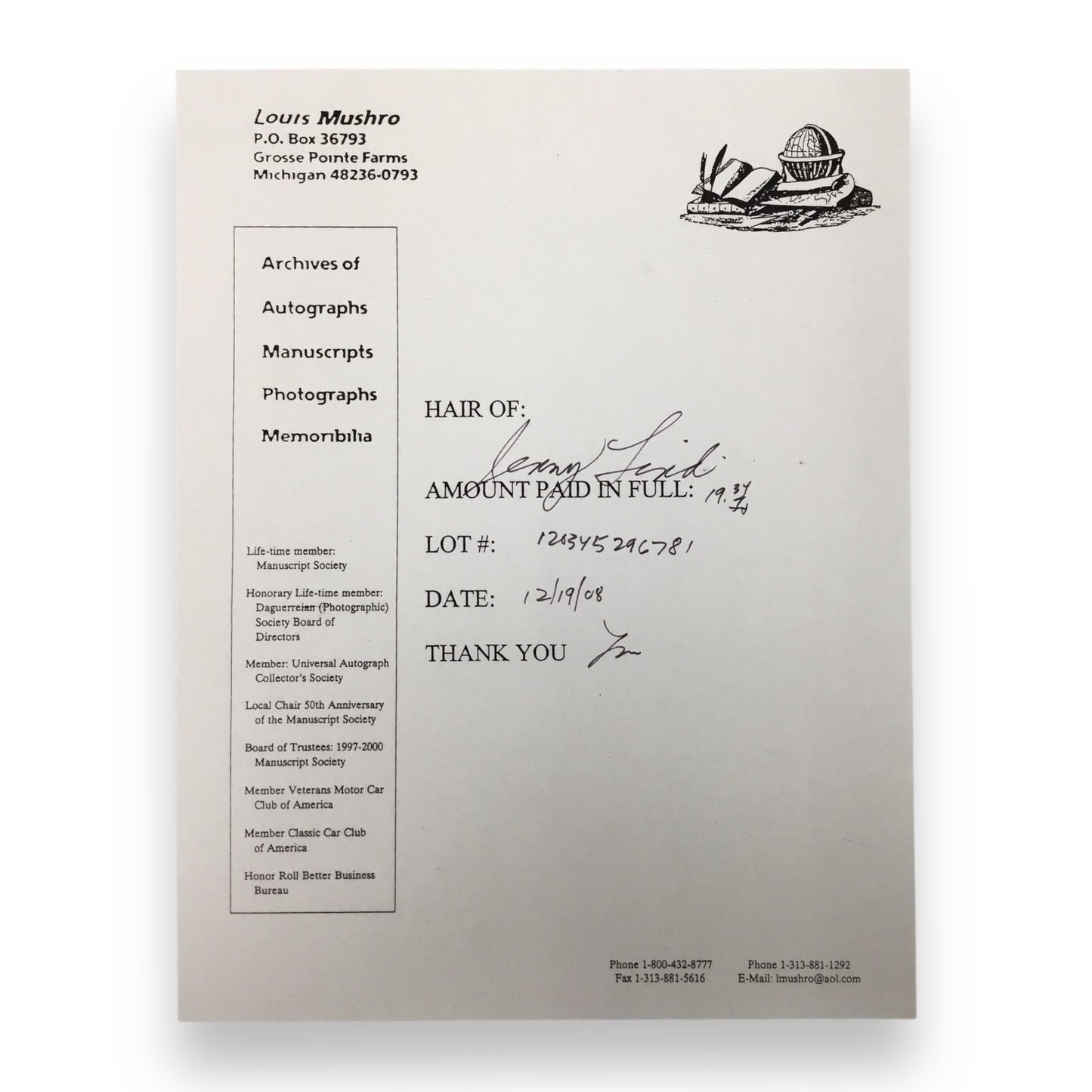 Jenny "Swedish Nightengale" Lind Hair Clipping with Certificate of Authenticity