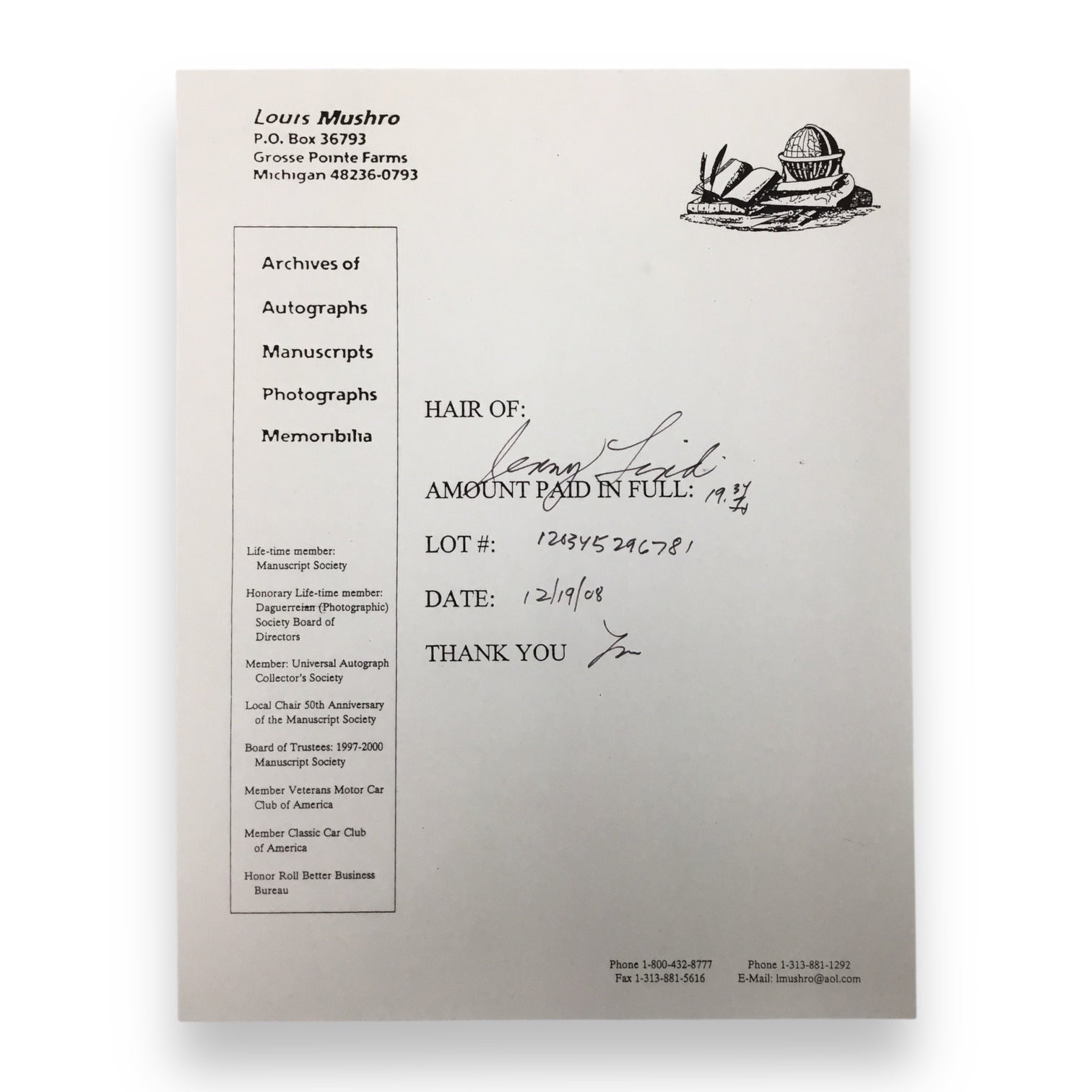 Jenny "Swedish Nightengale" Lind Hair Clipping with Certificate of Authenticity