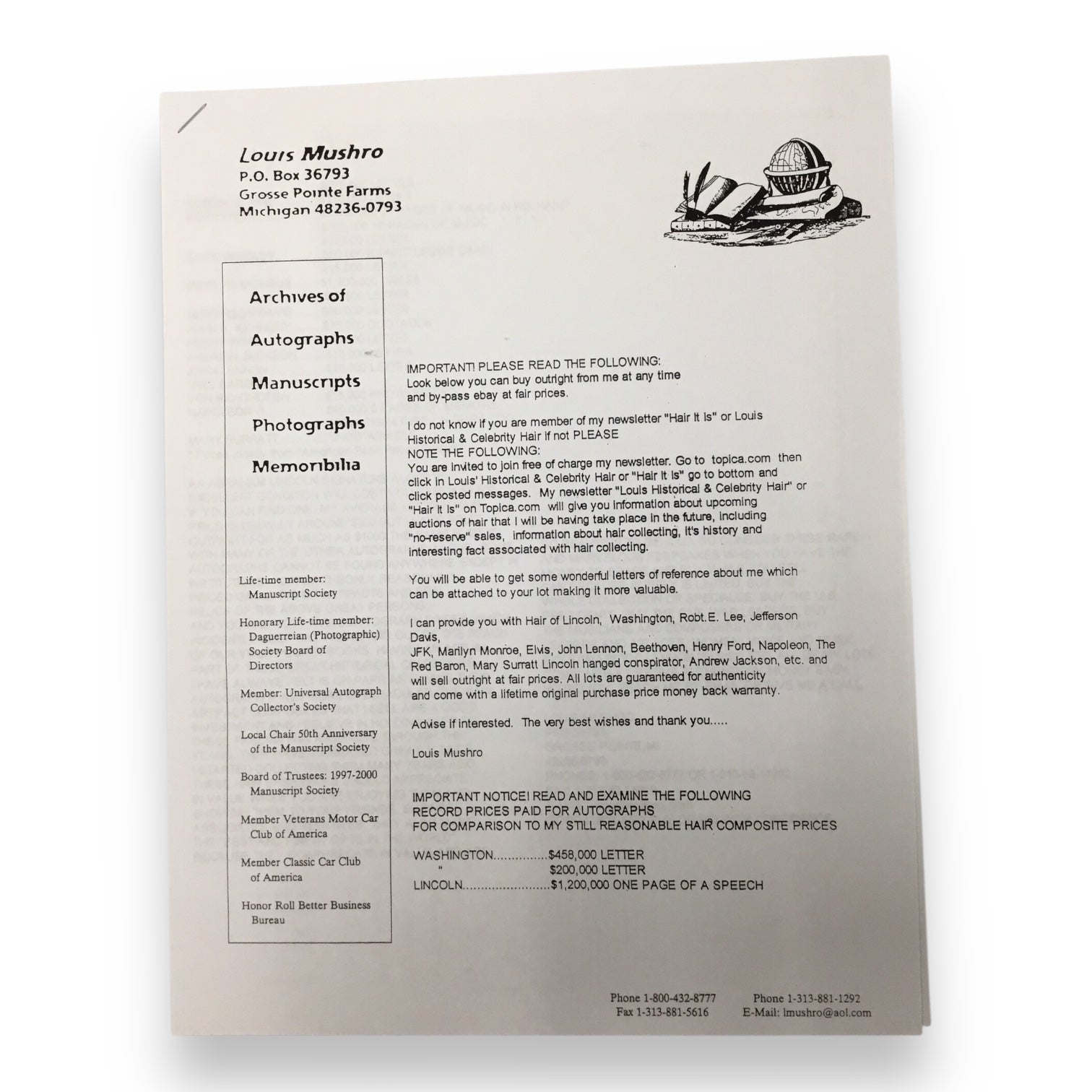 Jenny "Swedish Nightengale" Lind Hair Clipping with Certificate of Authenticity