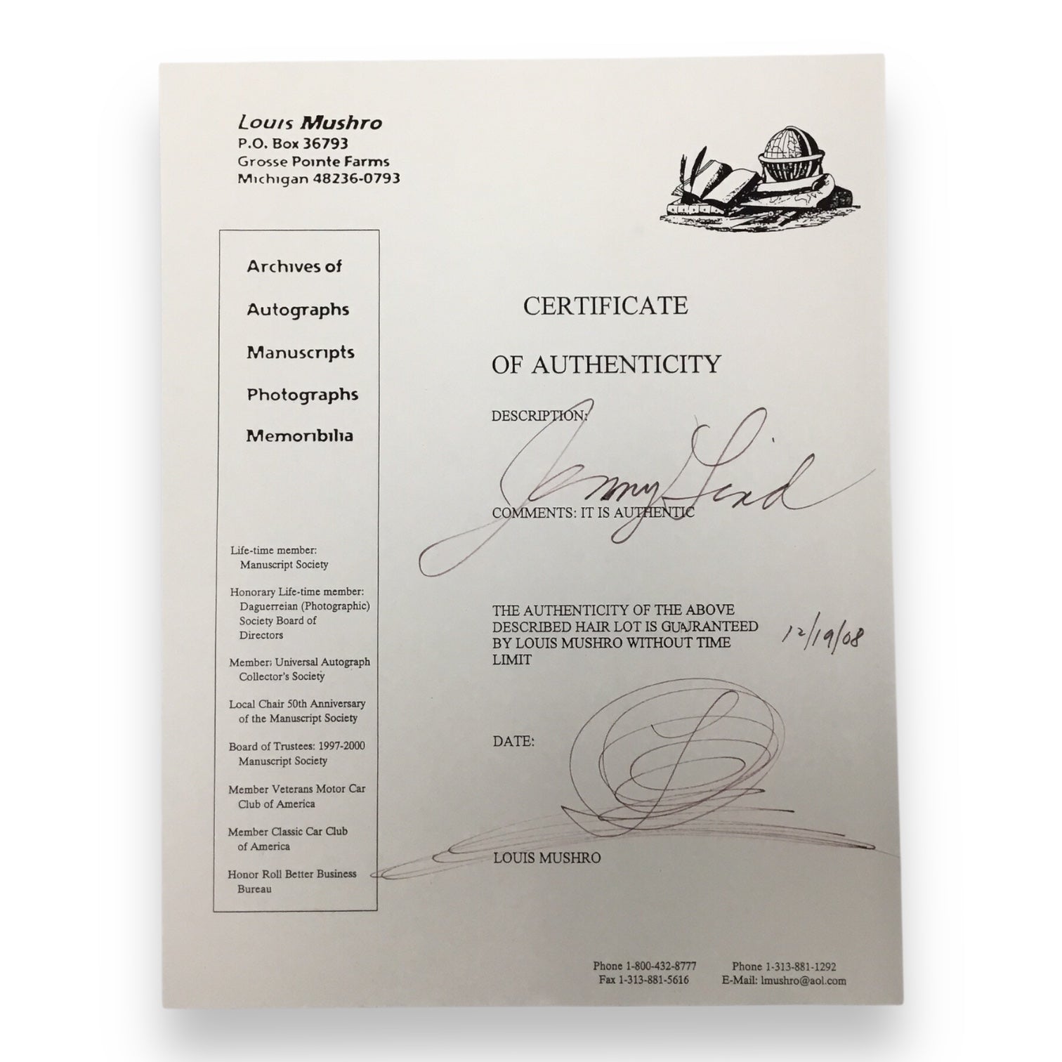 Jenny "Swedish Nightengale" Lind Hair Clipping with Certificate of Authenticity