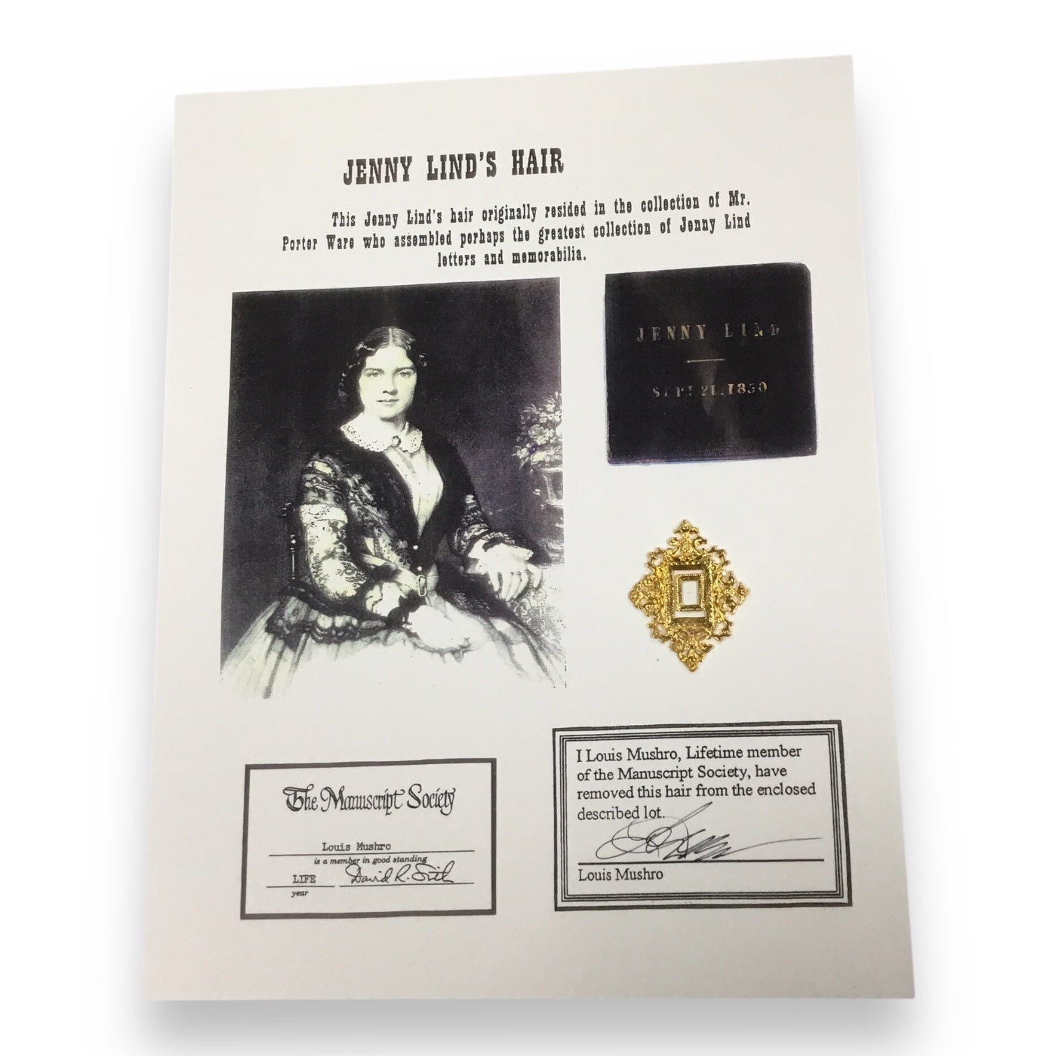 Jenny "Swedish Nightengale" Lind Hair Clipping with Certificate of Authenticity