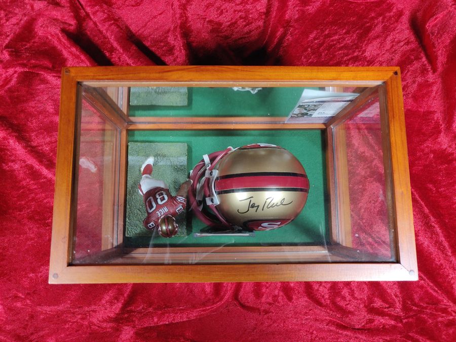Jerry Rice 49ers Autographed Mini Helmet Shadowbox w/ Jersey Card + Figure