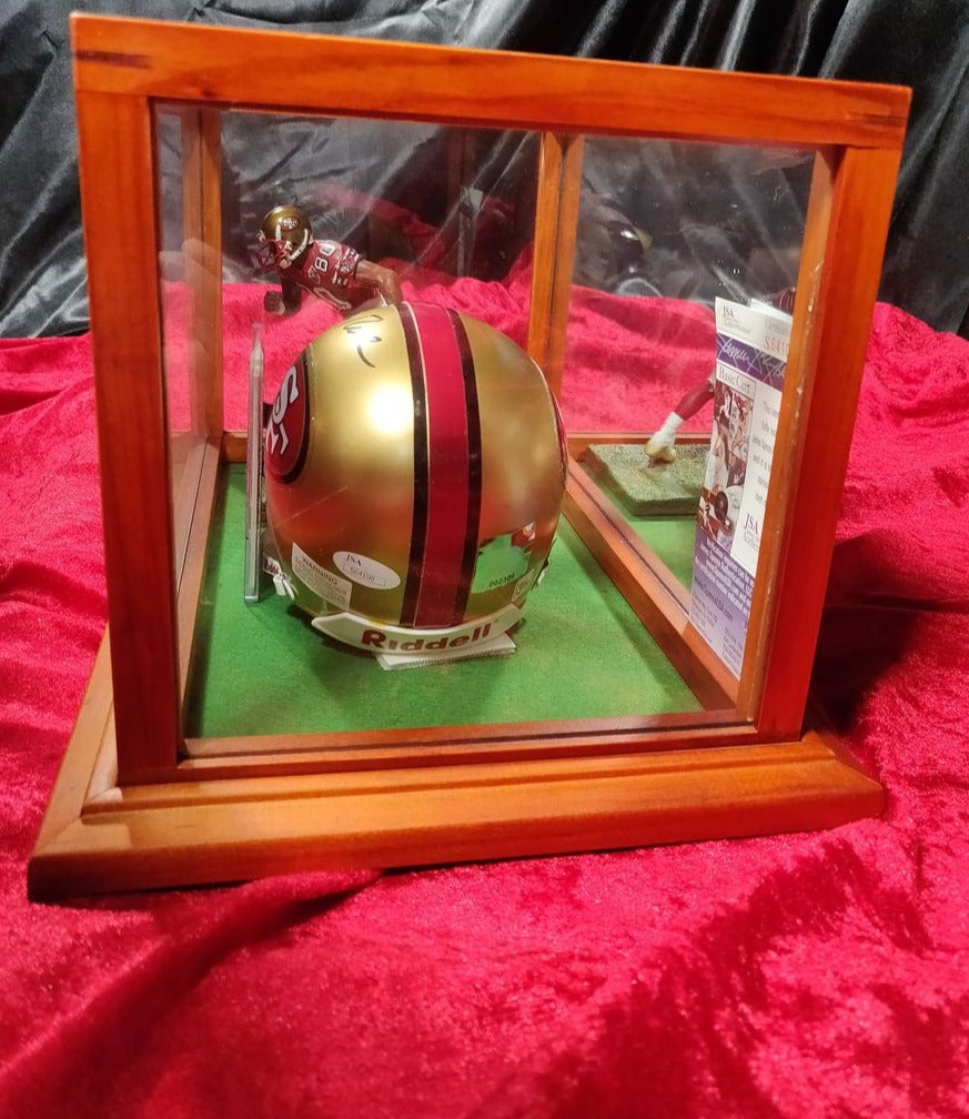 Jerry Rice 49ers Autographed Mini Helmet Shadowbox w/ Jersey Card + Figure