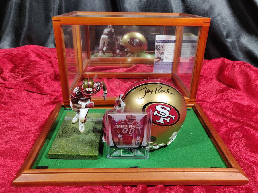 Jerry Rice 49ers Autographed Mini Helmet Shadowbox w/ Jersey Card + Figure