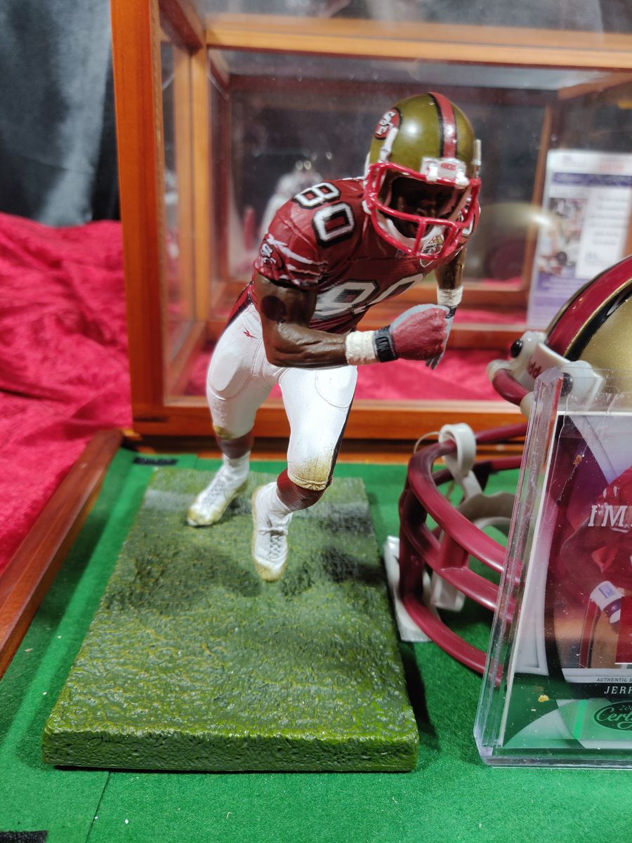 Jerry Rice 49ers Autographed Mini Helmet Shadowbox w/ Jersey Card + Figure