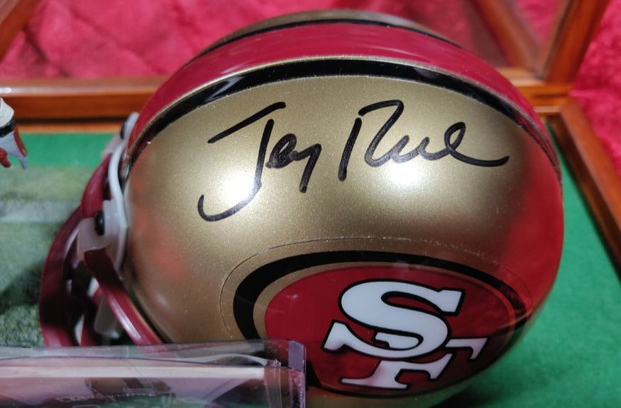 Jerry Rice 49ers Autographed Mini Helmet Shadowbox w/ Jersey Card + Figure