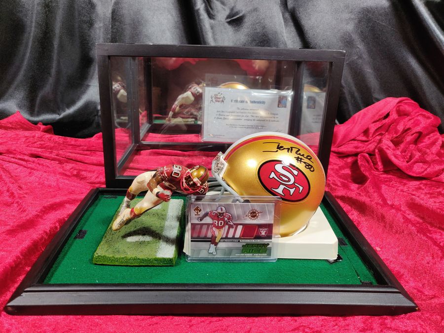 Jerry Rice 49ers Autographed Mini Helmet Shadowbox w/ Jersey Card and Figure