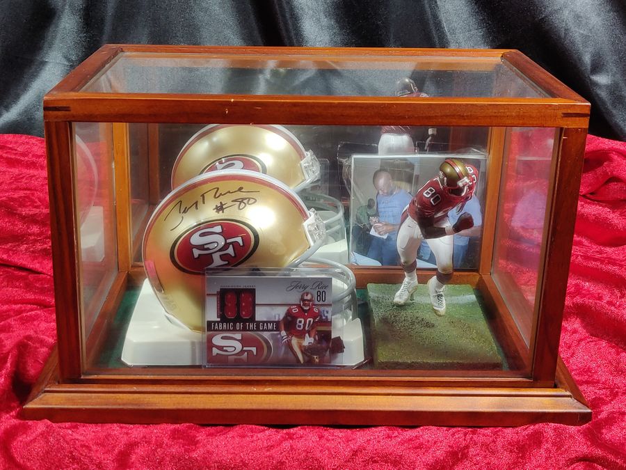 Jerry Rice Autographed Mini Helmet San Francisco 49ers Shadowbox Card & Figure