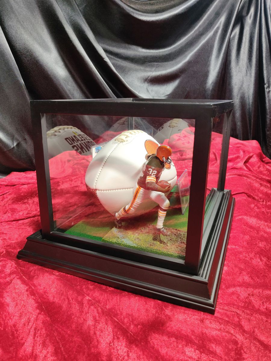 Jim Brown Autographed Football Browns Shadowbox w/ Jersey Card & Figure