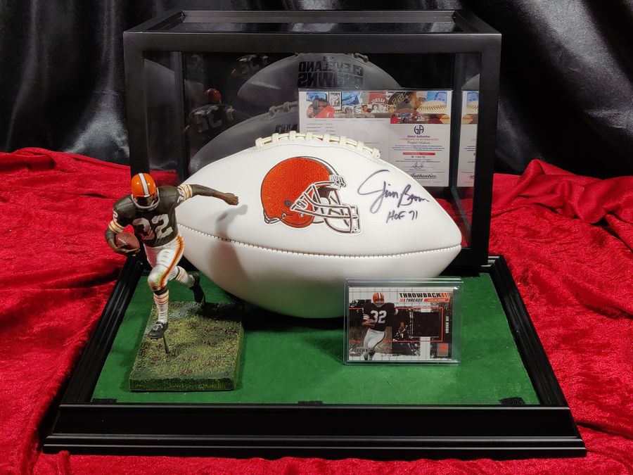 Jim Brown Autographed Football Browns Shadowbox w/ Jersey Card & Figure