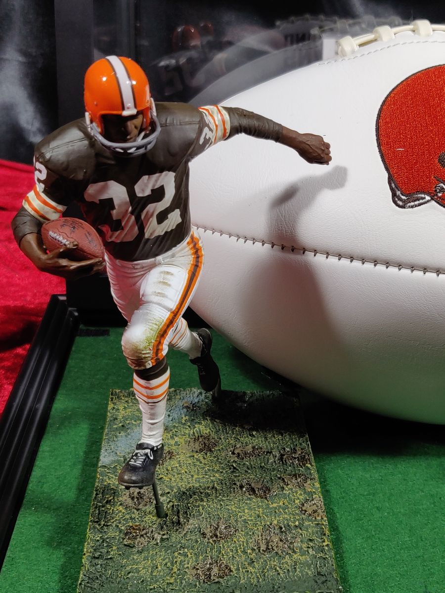 Jim Brown Autographed Football Browns Shadowbox w/ Jersey Card & Figure