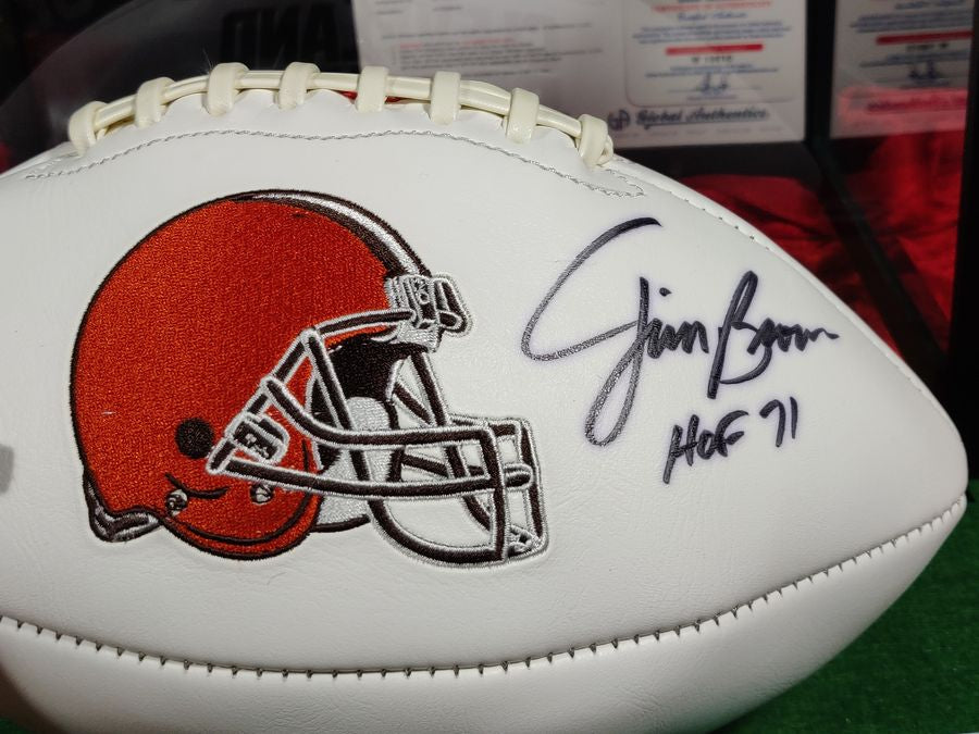 Jim Brown Autographed Football Browns Shadowbox w/ Jersey Card & Figure