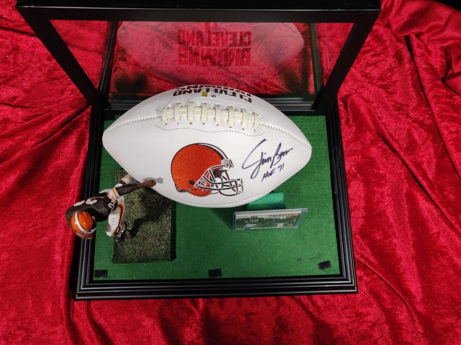 Jim Brown Autographed Football Browns Shadowbox w/ Jersey Card & Figure