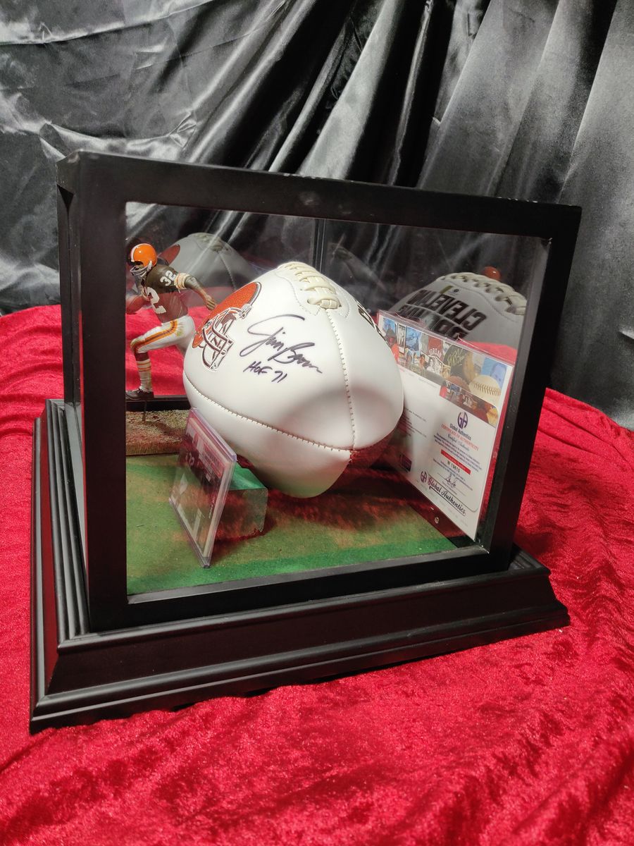 Jim Brown Autographed Football Browns Shadowbox w/ Jersey Card & Figure