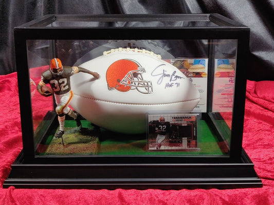 Jim Brown Autographed Football Browns Shadowbox w/ Jersey Card & Figure